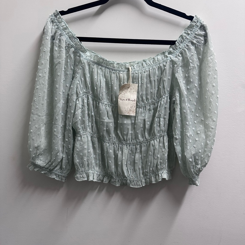Hem & Thread Mint Green Off-Shoulder Smocked Top | Size L | NWT Swiss Dot